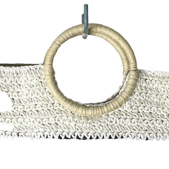Talbots Hand Crochet Straw Circle Handle Tote Bag Colorblock Brown Cream Tan NEW - Picture 3 of 9
